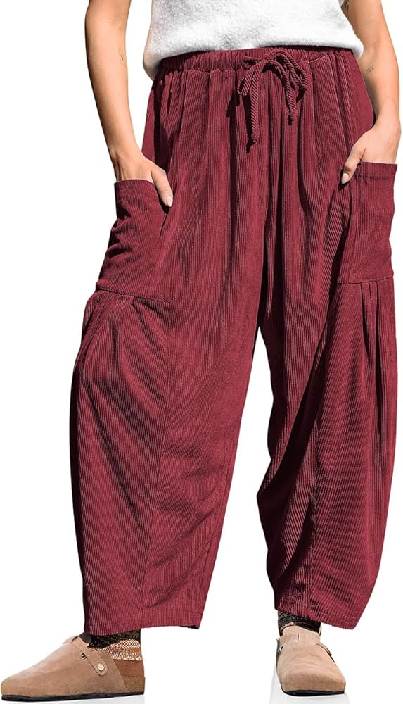 TARSE Womens Corduroy Pants Barrel Casual Loose Baggy Drawstring Wide Leg Palazzo Harem Pants wit... | Amazon (US)