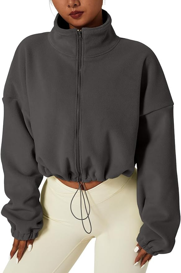 QINSEN Women's Full Zip Fleece Short Jacket Warm Winter Long Sleeve Stand Collar Sherpa Crop Coat | Amazon (US)