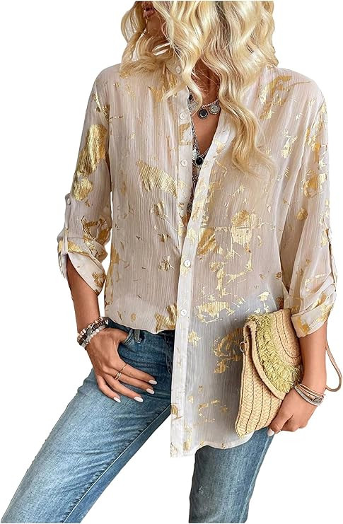 GORGLITTER Women's Sheer Button Down Shirts Long Sleeve Blouse Business Tops | Amazon (US)