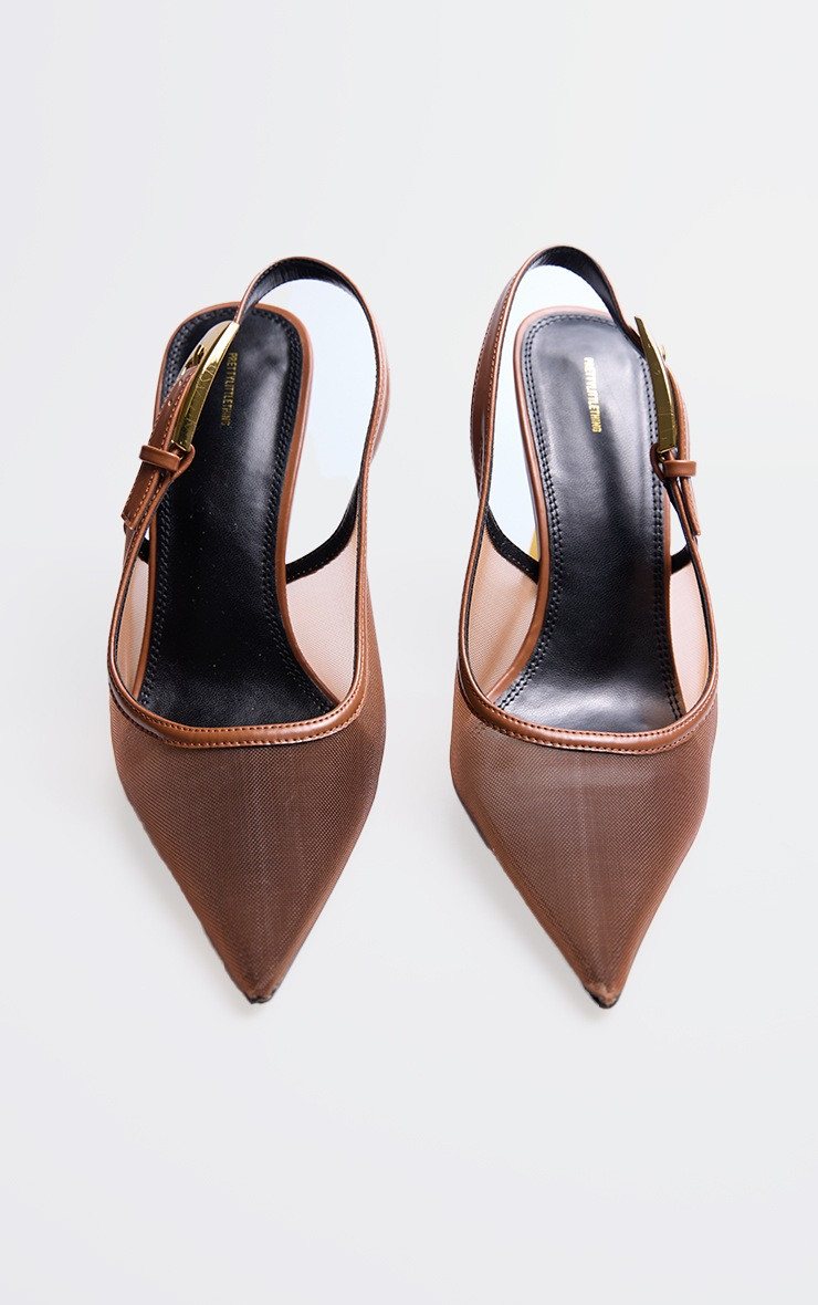 Brown Mesh Gold Buckle Point Toe Court Heels | PrettyLittleThing IE