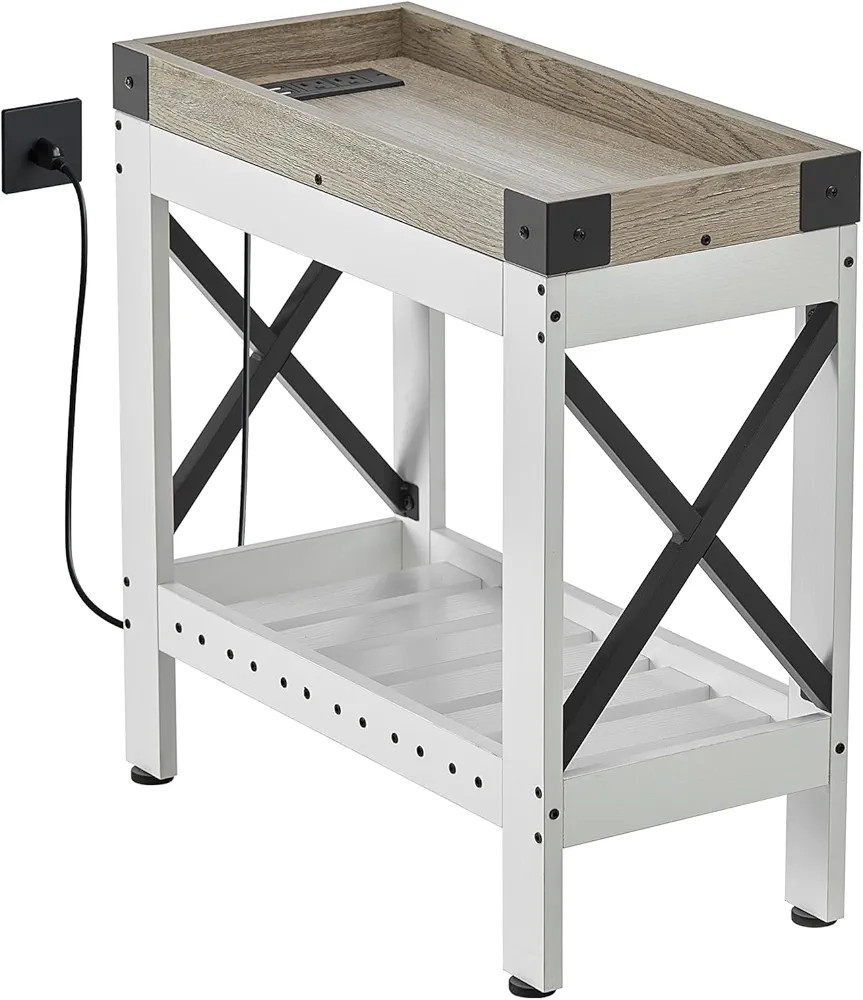 Narrow Side Table, Farmhouse End Table with Charging Station for Small Spaces, with 2 USB and 2 P... | Amazon (US)