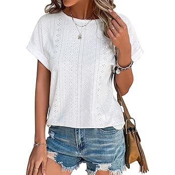 Bliwov Womens Tops Eyelet Embroidery Summer Spring Curved Hem Short Sleeve T Shirts Blouse Outfit... | Amazon (US)