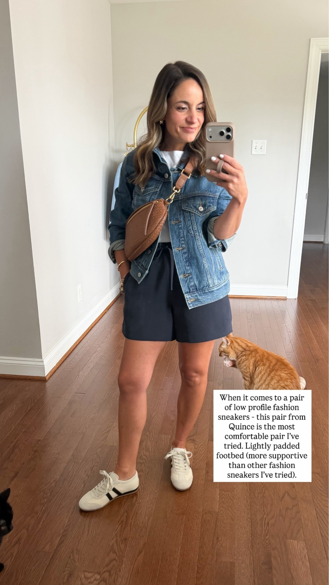 Comfortable casual outfits I’ve been wearing lately! 

Shorts (Aritzia): xs 
Tank top (Quince): xs 
Jacket (Abercrombie): xxs 
Sneakers (Quince): true to size