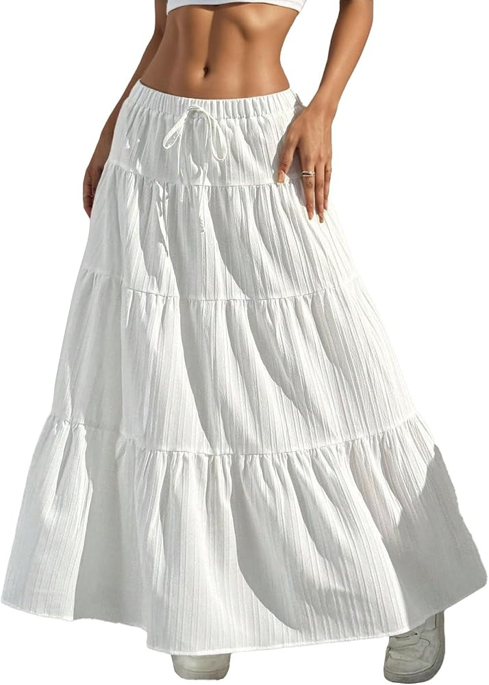HOUZONIY Womens Maxi Skirt Flowy Elastic Waist Tiered Pleated A Line Summer Boho Trendy Cute Pull... | Amazon (US)