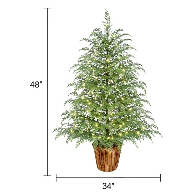 4' Pre-Lit Green Cypress Artificial Christmas Potted Tree with 100 Warm White Twinkle LED Lights,... | Walmart (US)