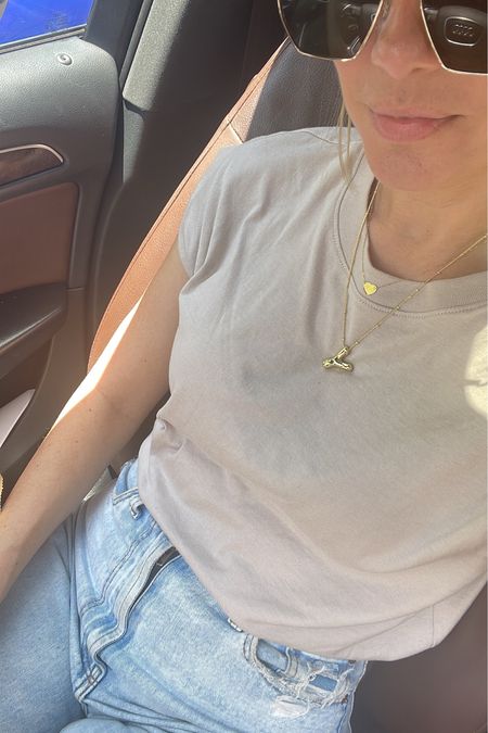 Target tee Abercrombie jeans!! Amazon necklace and sunnies