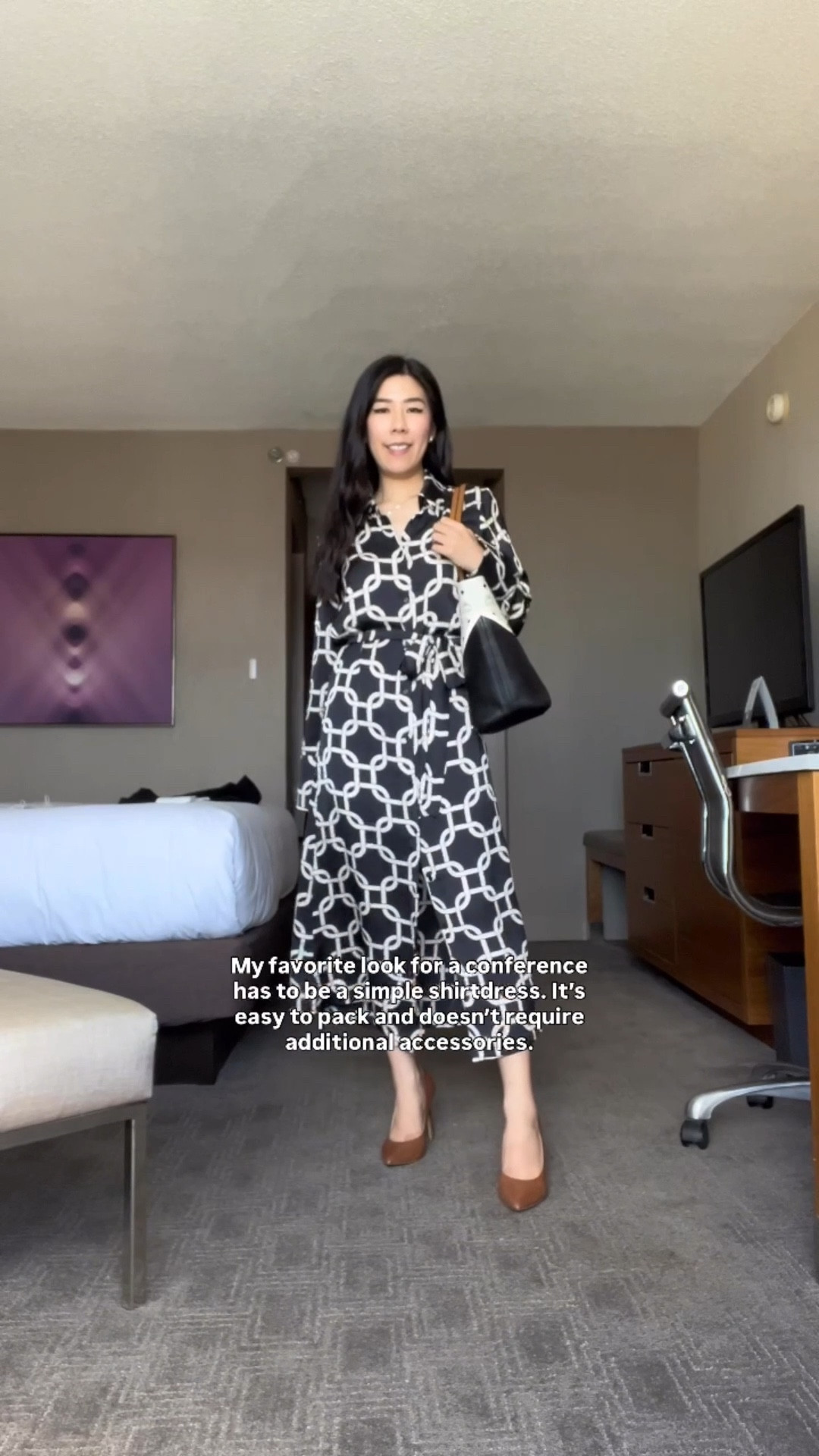 My favorite thing to pack for work related events is a shirtdress. It’s simple yet professional and takes up very little room in my luggage. This one is still available! 

#workwear #businesscasual #shirtdress #modeststyle #blackandwhiteoutfit #mididress #corporatestyle 

#LTKShoeCrush #LTKPetite #LTKStyleTip