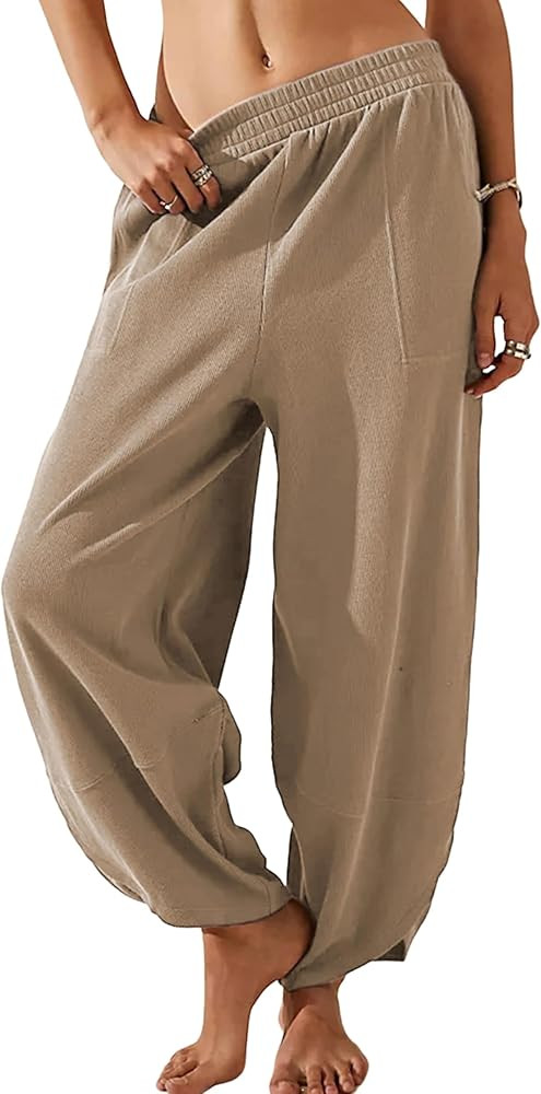 Springrain Womens Baggy Wide Leg Pants Cotton Elastic Waisted Loose Palazzo Harem Pants with Pock... | Amazon (US)