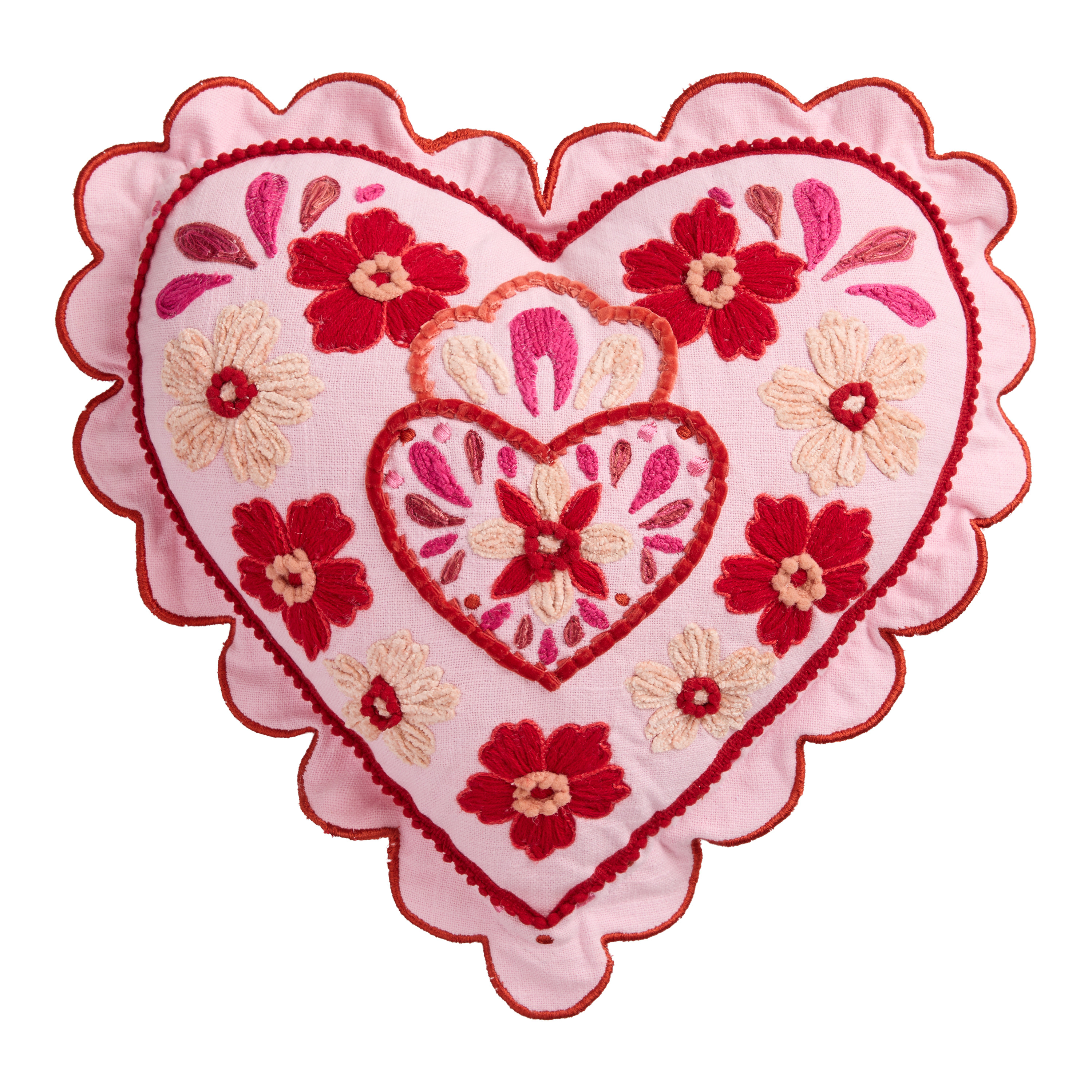 Pink and Red Floral Heart Shaped Embroidered Throw Pillow | World Market