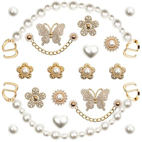 COAUXOG 20Pcs Gold Bling Shoe Charms Women Luxury Rhinestone Pearl Bling Shoe Decoration Gold Rhinestone Butterfly Flower Pearl Chain Shoe Charms Clogs Shoes Fashion Charms Christmas Birthday Gift | Amazon (US)