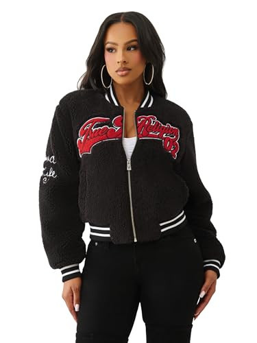 True Religion Varsity Chenille Bomber Women’s Jacket | Winter Coat for Women with Bold Patches & Snap Buttons - Jet Black, X-Large | Amazon (US)