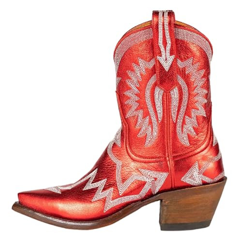 Western Boots for Women Metallic Embroidered Pointed Toe Cowgirl Boots Chunky Heel Pull-On Short ... | Amazon (US)