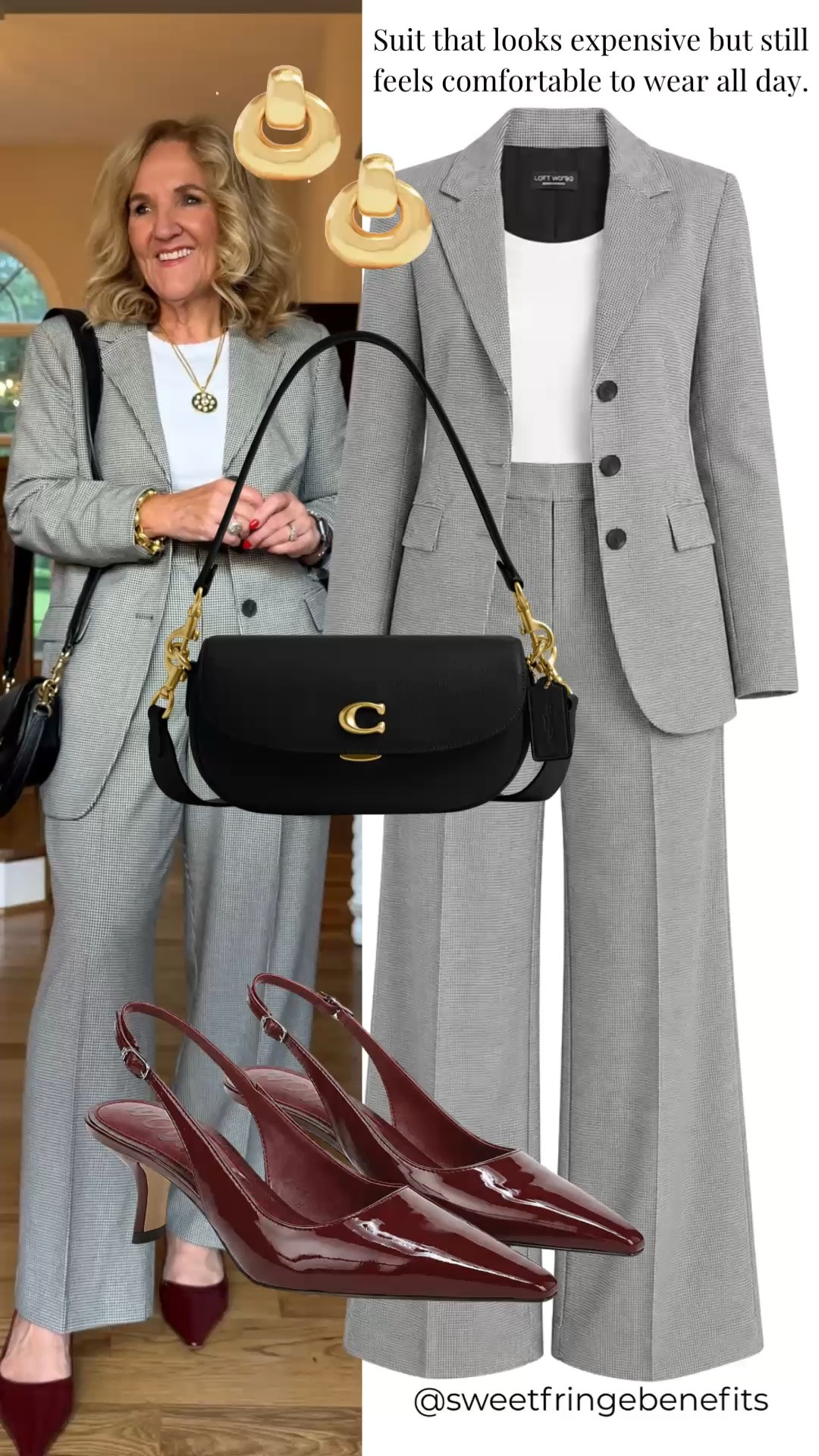 This gray tailored suit looks polished without sacrificing comfort. The relaxed fit makes it easy to wear all day, and it's perfect for work, meetings, church, or dressier occasions. Paired with burgundy slingback heels, a classic Coach bag, and simple gold jewelry for a timeless look.

💡 LTK MADE EASY
❤️ Heart = Support my posts!
🔖 Save = Get sale & restock alerts
📋 Lists = Keep favorites organized
📲 Share = Send lists and products to a friend. Hello, Christmas List!
💬 Comment = Ask me anything about what I'm wearing.:-)

#LTKootd #LTKOver40 #LTKWorkwear