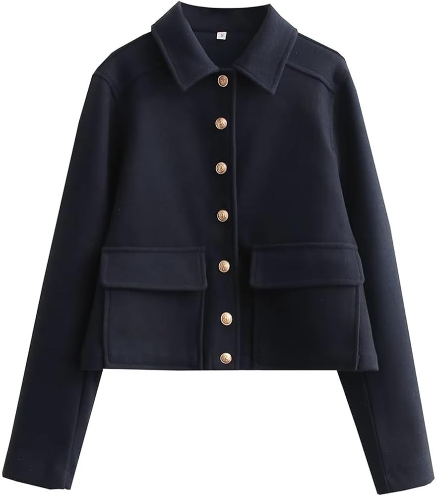 Wyeysyt Women's Wool Coats Lapel Cropped Bomber Jacket Button Down Casual Varsity Jacket with Poc... | Amazon (US)