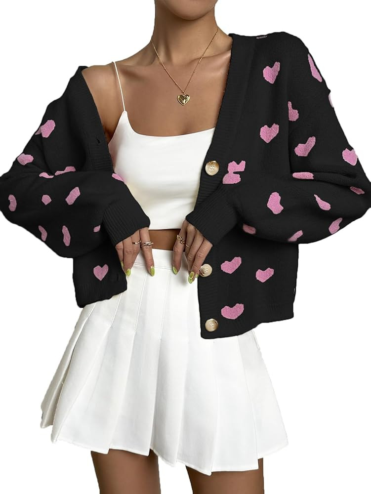 Verdusa Women's Long Sleeve Print Button Front V Neck Knit Sweater Cardigan | Amazon (US)
