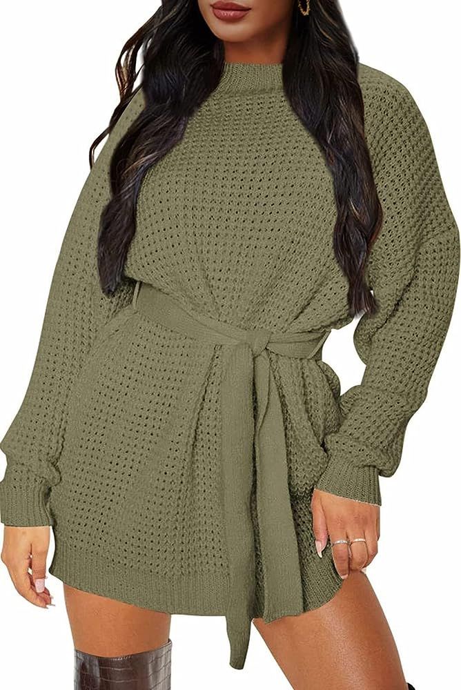 ZESICA Women's 2023 Fall Long Sleeve Solid Color Waffle Knitted Tie Wasit Tunic Pullover Sweater ... | Amazon (US)