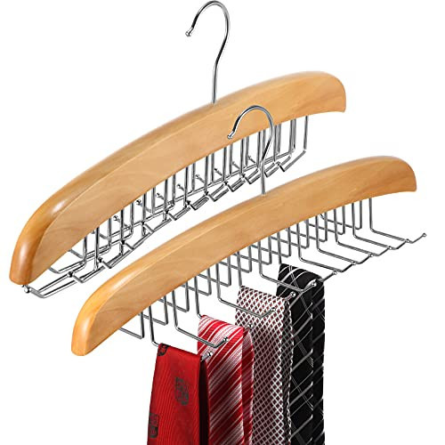 Jetec 2 Pieces Tie Rack Tie Hanger 24 Hooks Wooden Tie Rack Hanger for Closet 360 Degree Rotating Belt Holder Tie Organizer for Men Women Bras Tank Tops Camisoles(Natural Wood Color) | Amazon (US)