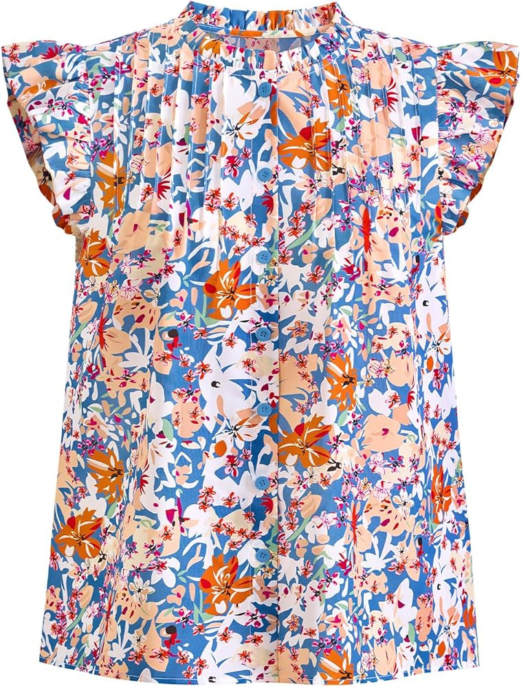PRETTYGARDEN Women Button Down Boho Shirts Floral Ruffle Cap Sleeve Mock Neck Flowy Casual Summer... | Amazon (US)
