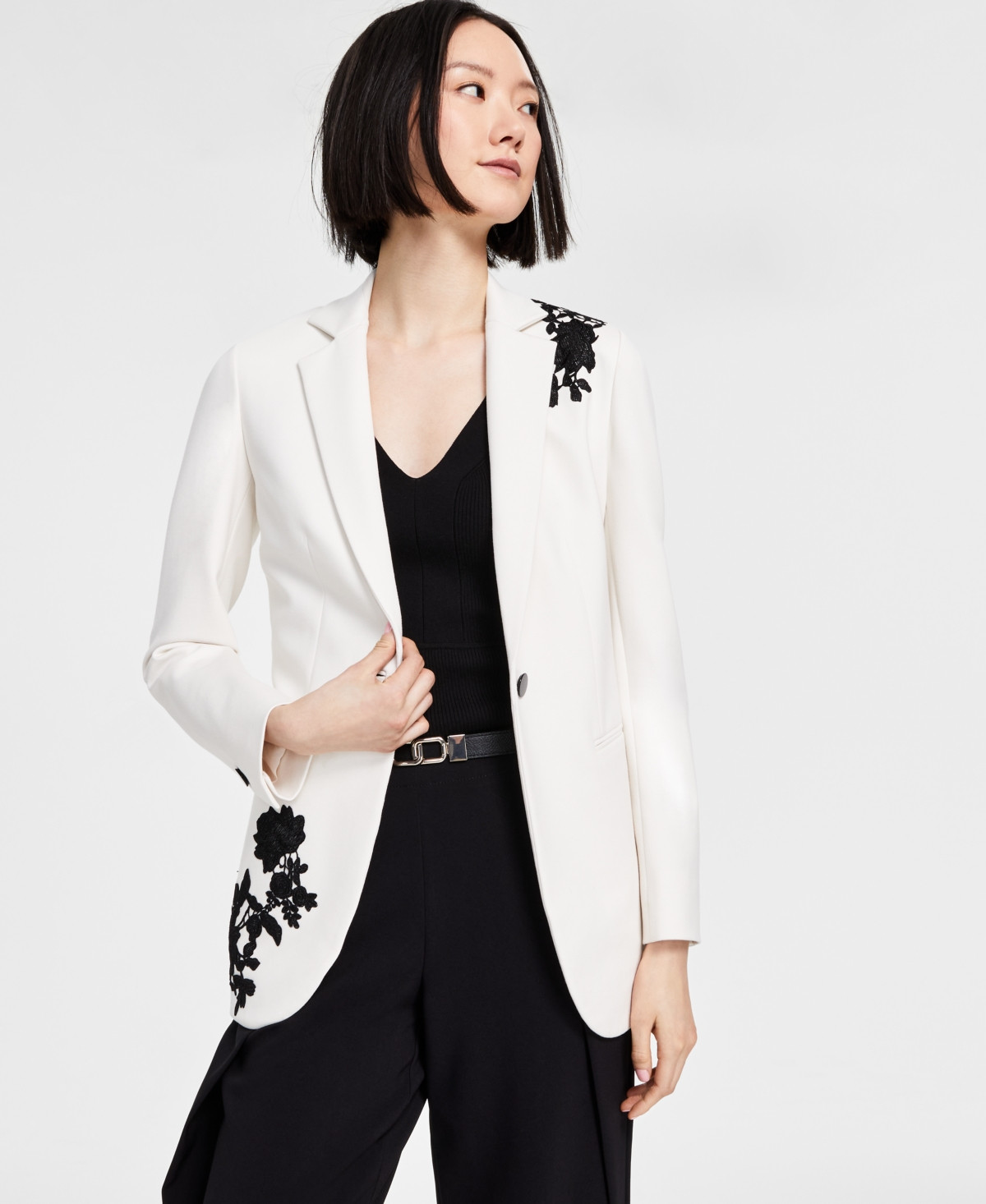 Anne Klein Women's Embroidered Notched-Collar Compression Blazer, Created for Macy's - White Dove/anne Black | Macy's