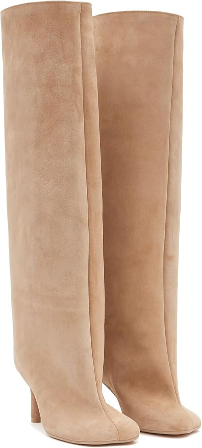 Beige Suede Knee High Boots for Women Slip on Stiletto Heels Womens Fashion Boots Comfortable Squ... | Amazon (US)
