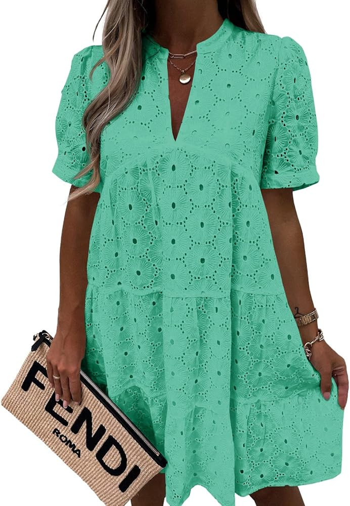 Imily Bela Womens Summer Lace Dresses Eyelet Casual Flowy Babydoll Swing Short Sleeve V Neck Tuni... | Amazon (US)