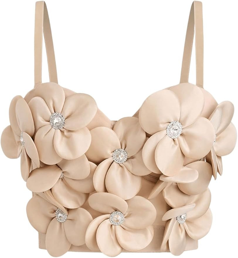 Women's Floral Patched Rhinestone Detail Spaghetti Strap Cami Top Sleeveless Slim Fit Crop Tank T... | Amazon (US)