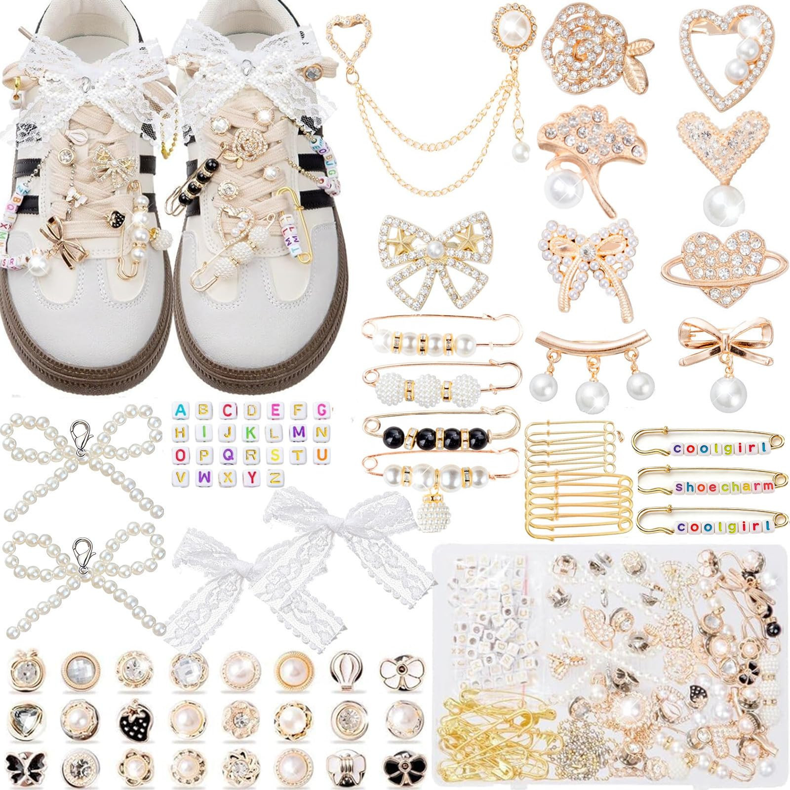 RQAYE 410Pcs Shoe Charms for Sneakers,Junk Socks Charms Kit with Letter Beads, Gold Brooches and ... | Amazon (US)