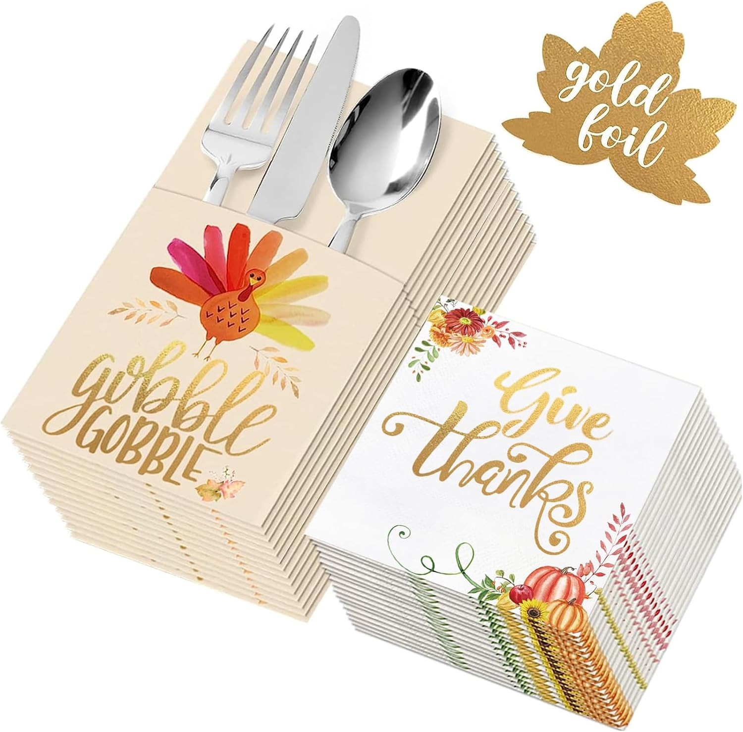 Thanksgiving Napkins - 54 Pcs Thanksgiving Cutlery Holder and Napkins Set - Give Thanks Table Decorations for Autumn Fall Harvest Wedding Dinner Party Supplies Disposable Centerpiece Decor | Amazon (US)