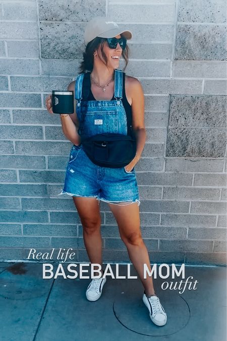 Real life baseball mom outfit! The overalls are always a win! 
* overalls 🙌🏼 - color: medium indigo destructed// size small 
* tank top 🖤 - size small 
* Baseball hat 🧢
* Sneakers👟
* Bum bag🫶🏻
* Sunnies 🕶️


#LTKsalealert #LTKfindsunder50