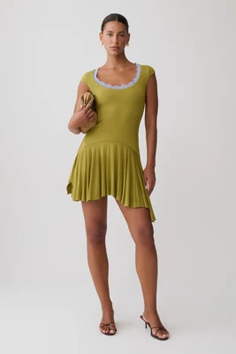 Gardenia Lace Trim Scoop Neck Mini Dress / Olive/Cornflower | MESHKI | XS | MESHKI US