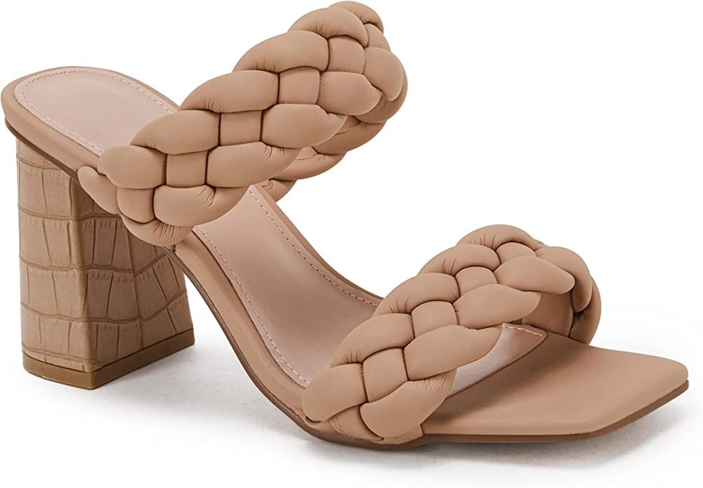 Syktkmx Womens' Braided Heeled Sandals Backless Square Open Toe Block Slide | Amazon (US)