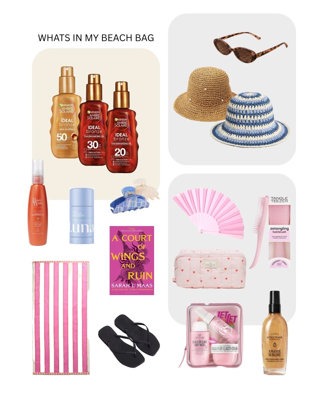 Everything currently living in my beach bag ☀️🏖️ SPF, tanning oil, a good book, hair essentials and a few little luxuries that make beach days even better. Everything linked on my LTK.

#LTKsummer #LTKtravel #LTKbeauty