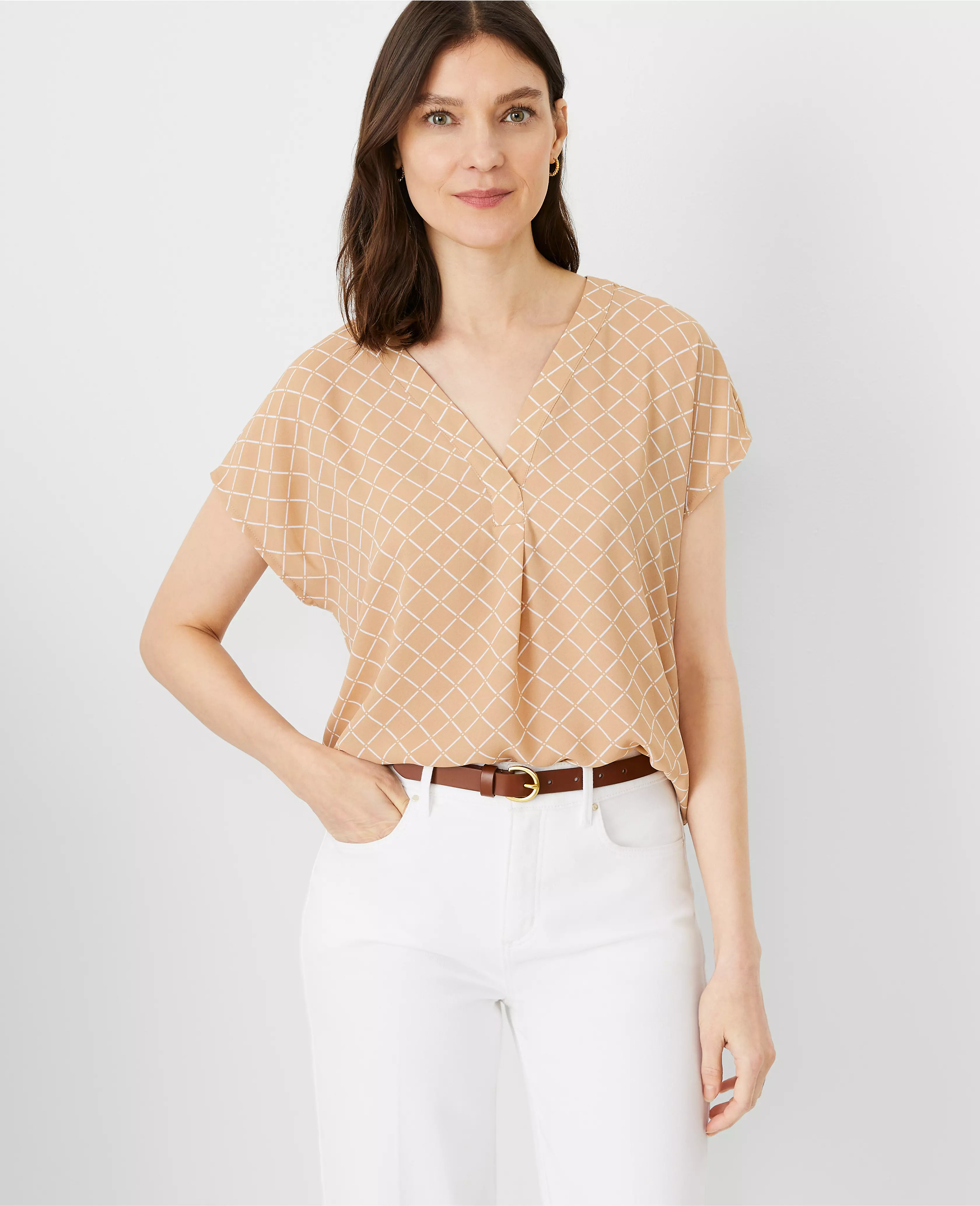 Checked Mixed Media Pleat Front Top | Ann Taylor (US)