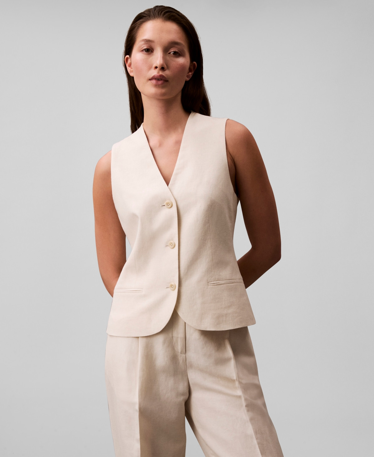 Calvin Klein Women's Linen Blend Button-Front Vest - Tofu | Macy's