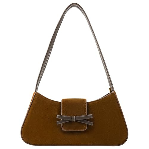 Suede Bag Bow Purse for Women, Brown Suede Bag Hobo Shoulder Bag Clutch Handbag Vegan Leather Underarm Bag, Retro Fall Purses Crescent Crossbody Bag Satchels Tote Bag for Travel Work Casual (Brown) | Amazon (US)