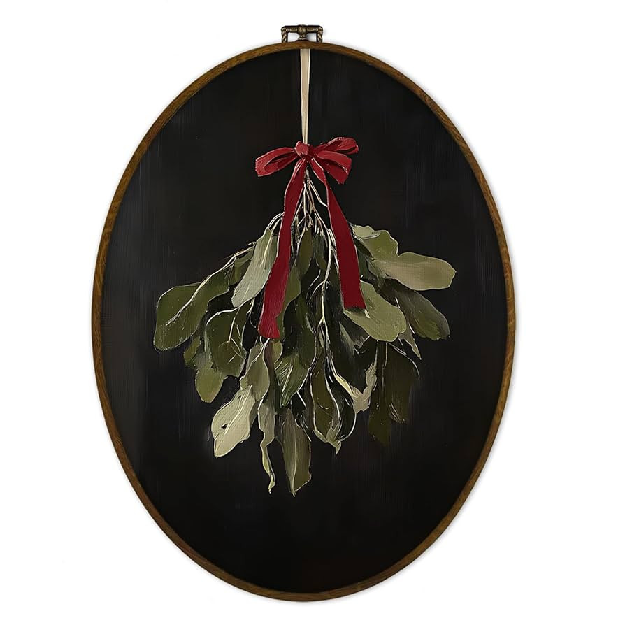 GWFSJYU Vintage Christmas Mistletoe Framed Oval Wall Art Decor, Dark Moody Botanical Holiday Canv... | Amazon (US)
