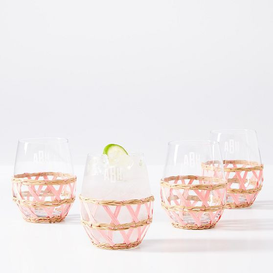 Raffia Wrapped Stemless Wine Glass, Set of 4, Pink | Mark and Graham