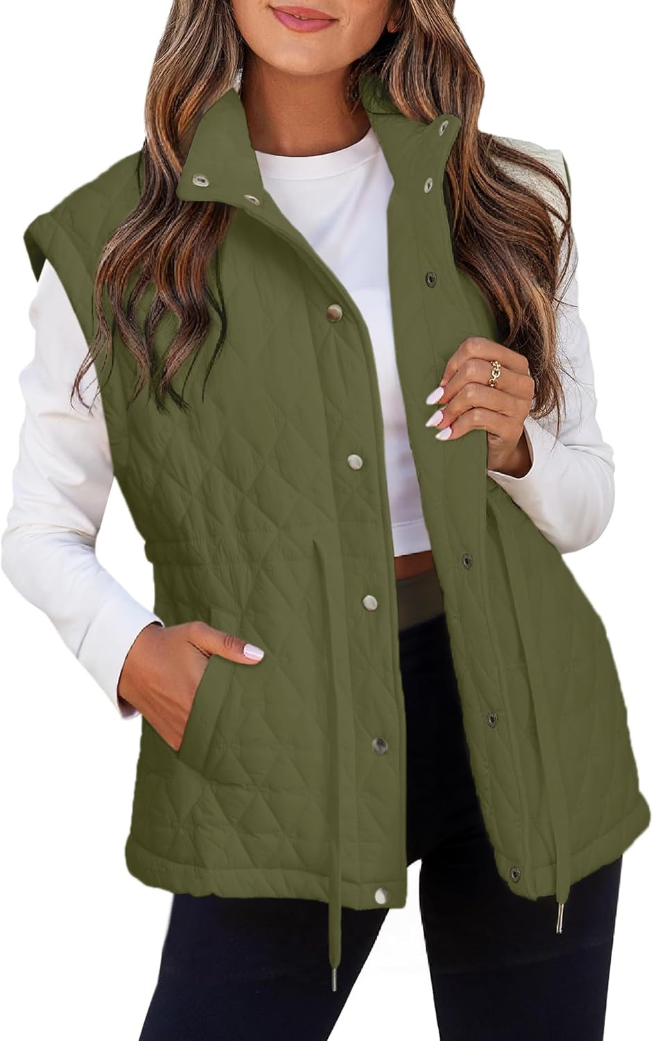 Glamaker Womens Lightweight Puffer Vest Casual Loose Sleeveless Quilted Jackets Hight Waist Drawstring Outerwear Vests | Amazon (US)