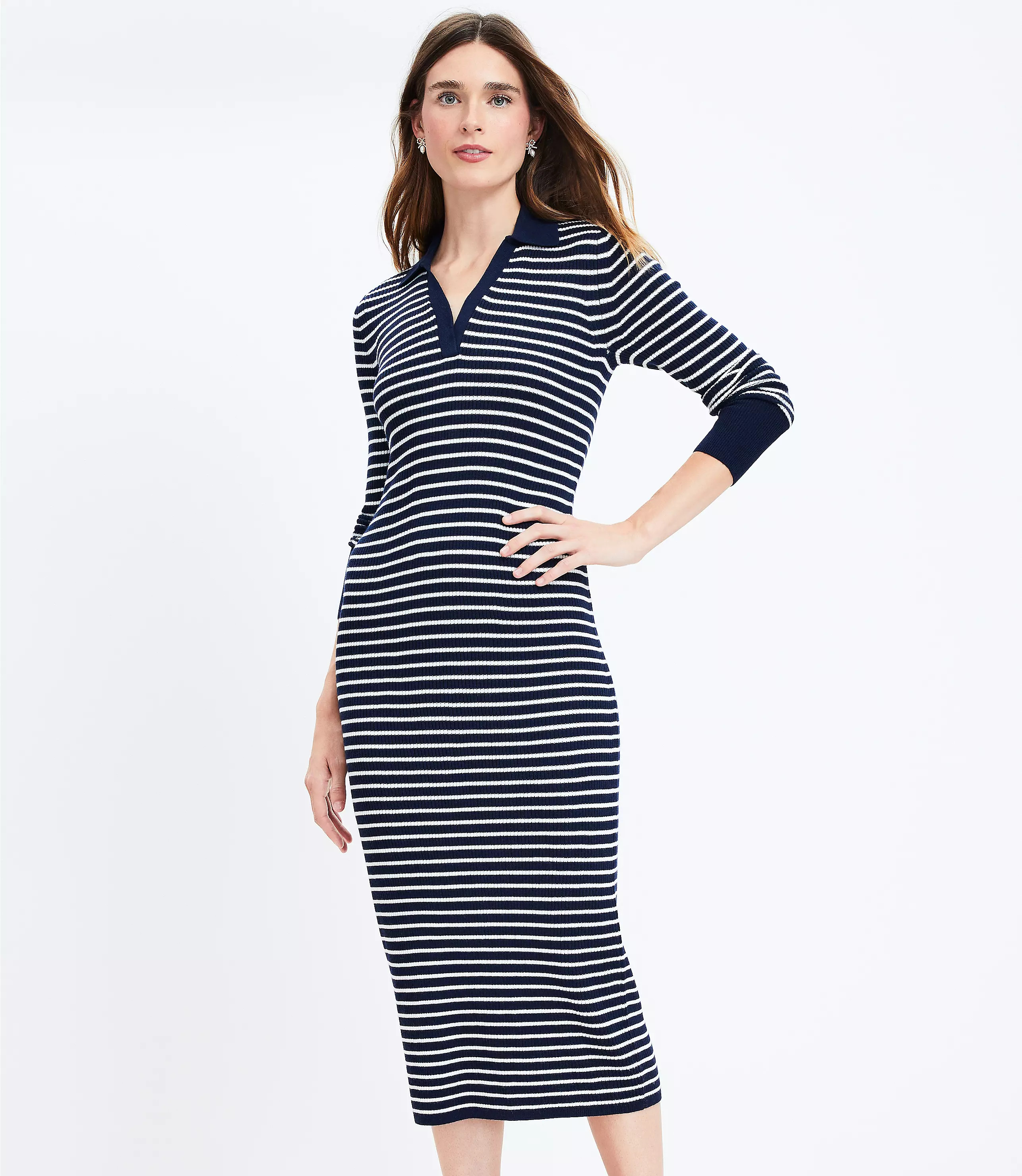 Petite Stripe Ribbed Collared Midi Dress | LOFT