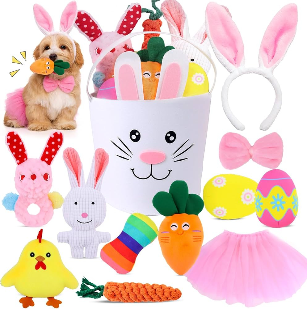 12 Pcs Easter Dog Toys Basket Set Include Dog Squeaky Toy Bunny Costume Plush Easter Eggs Bunny C... | Amazon (US)