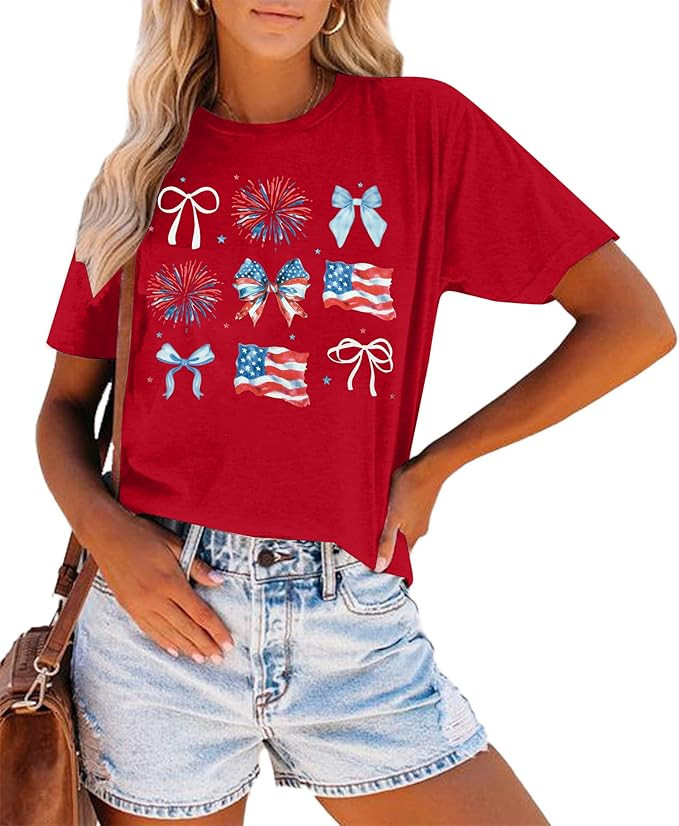 Patriotic Shirts for Women USA 250th Anniversary Shirt 4th of July T-Shirts American Flag Bow Gra... | Amazon (US)