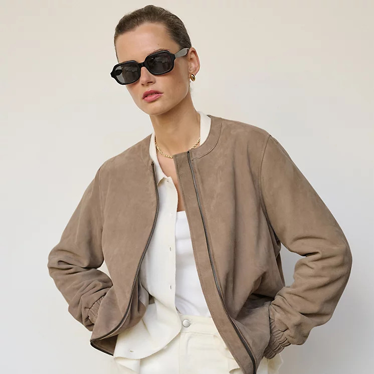 The White Company Suede Bomber Jacket, Blush Grey, Size: 12 | The White Company UK & ROW
