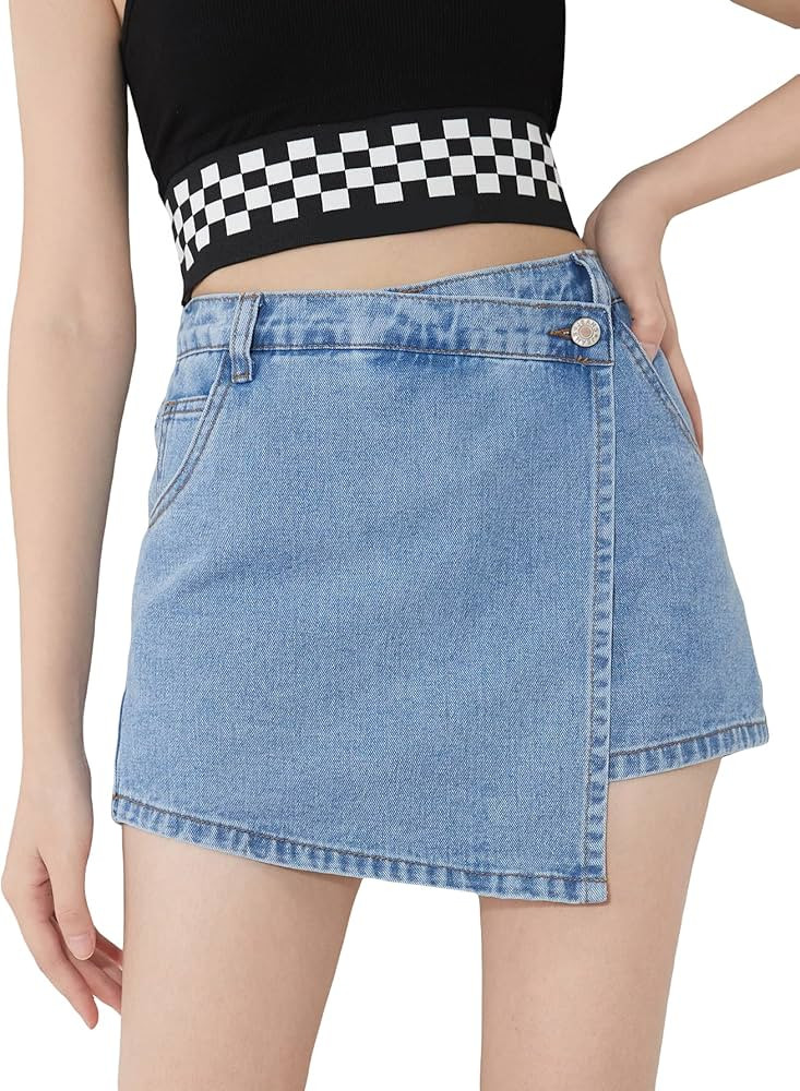 WDIRARA Girl's Asymmetrical Hem Button High Waisted Denim Skort Shorts | Amazon (US)