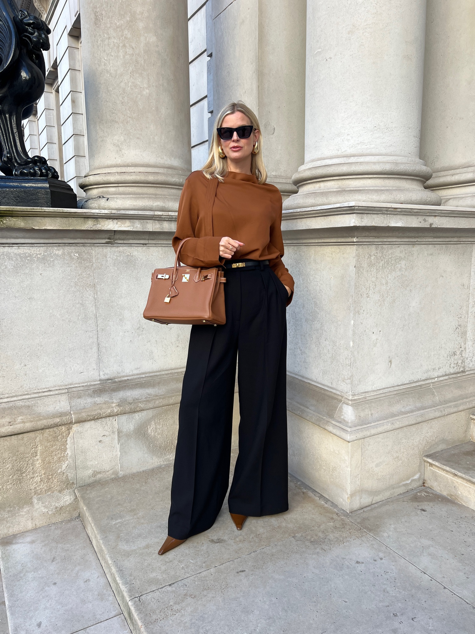 Can’t get enough of this colour combo! 🤎🖤 The blouse is high street and the trousers are a splurge but will wear for years! Wearing a 38 in the blouse and US6 in the trousers. 

#LTKeurope #LTKstyletip #LTKSeasonal