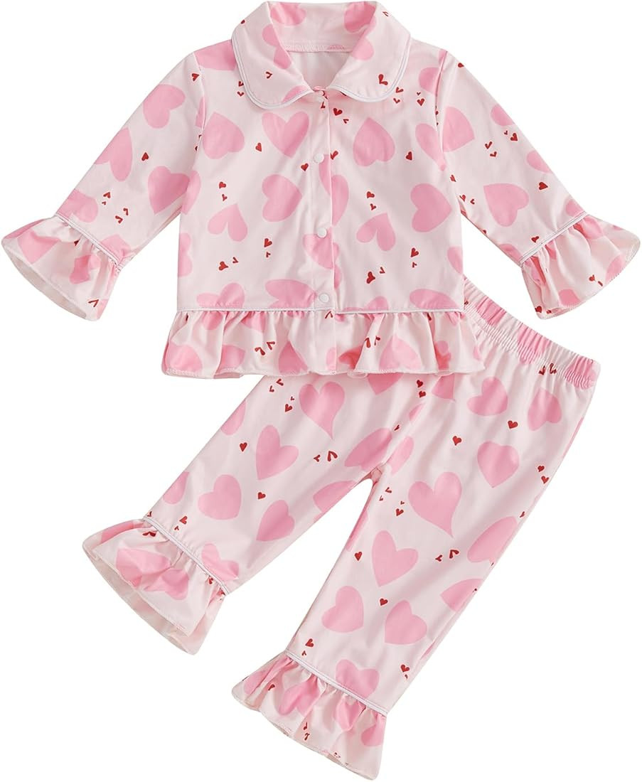 Baby Kid Girls Ruffled Cotton Pajamas Set Long Sleeve Button Down Shirts Tops and Pants Matching ... | Amazon (US)