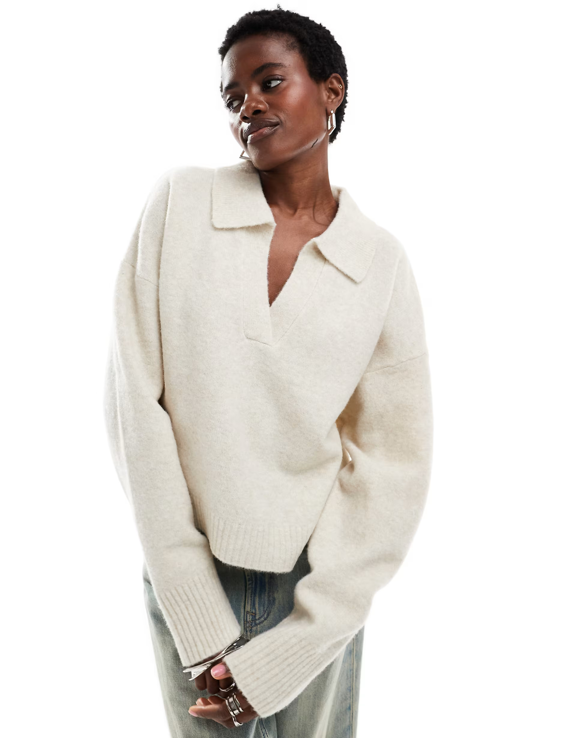 Monki knitted polo jumper in off-white | ASOS | ASOS (Global)