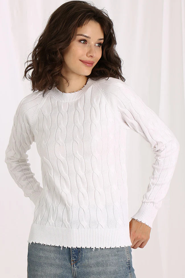 Cotton Cable Long Sleeve Crewneck w/ Frayed Edges | Minnie Rose