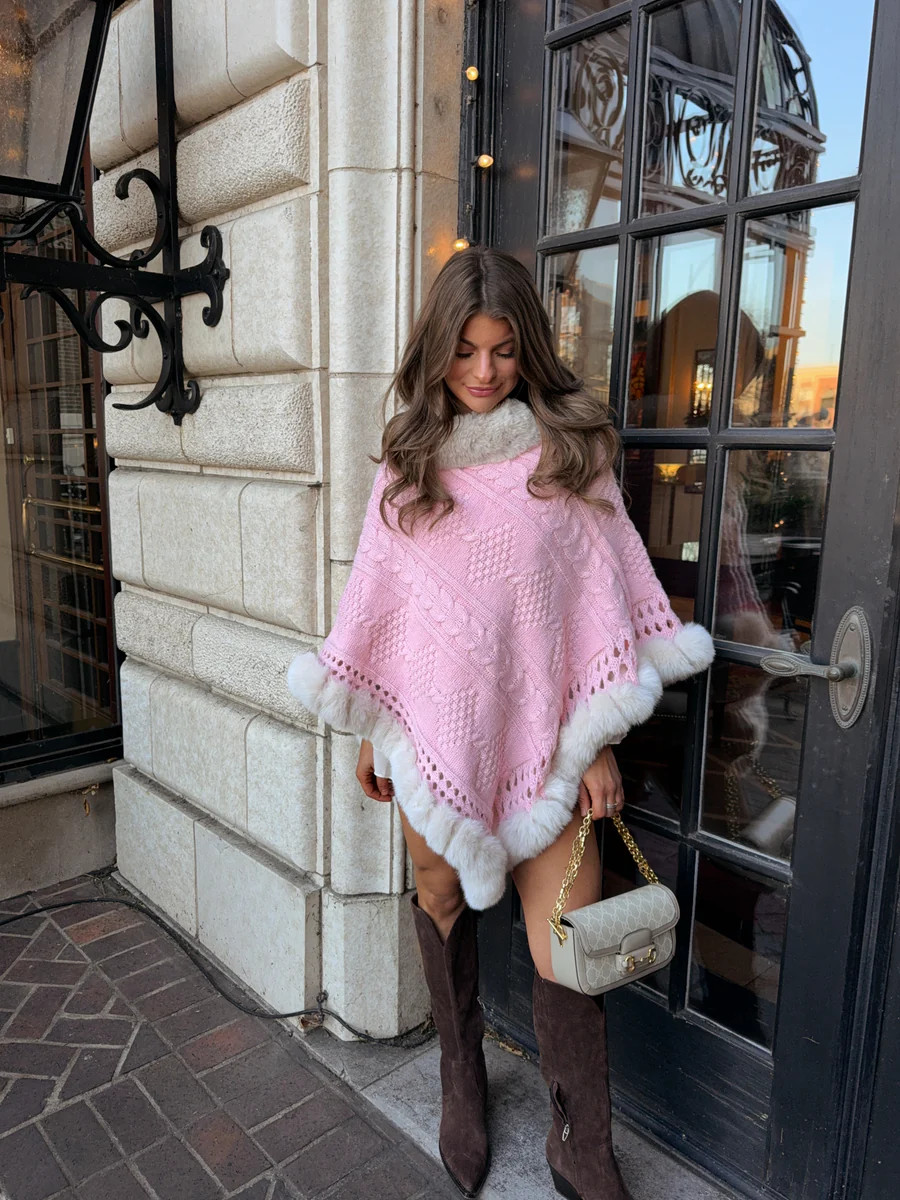 Chloé Faux Fur Trim Poncho - Pink | Ave and Liv Boutique