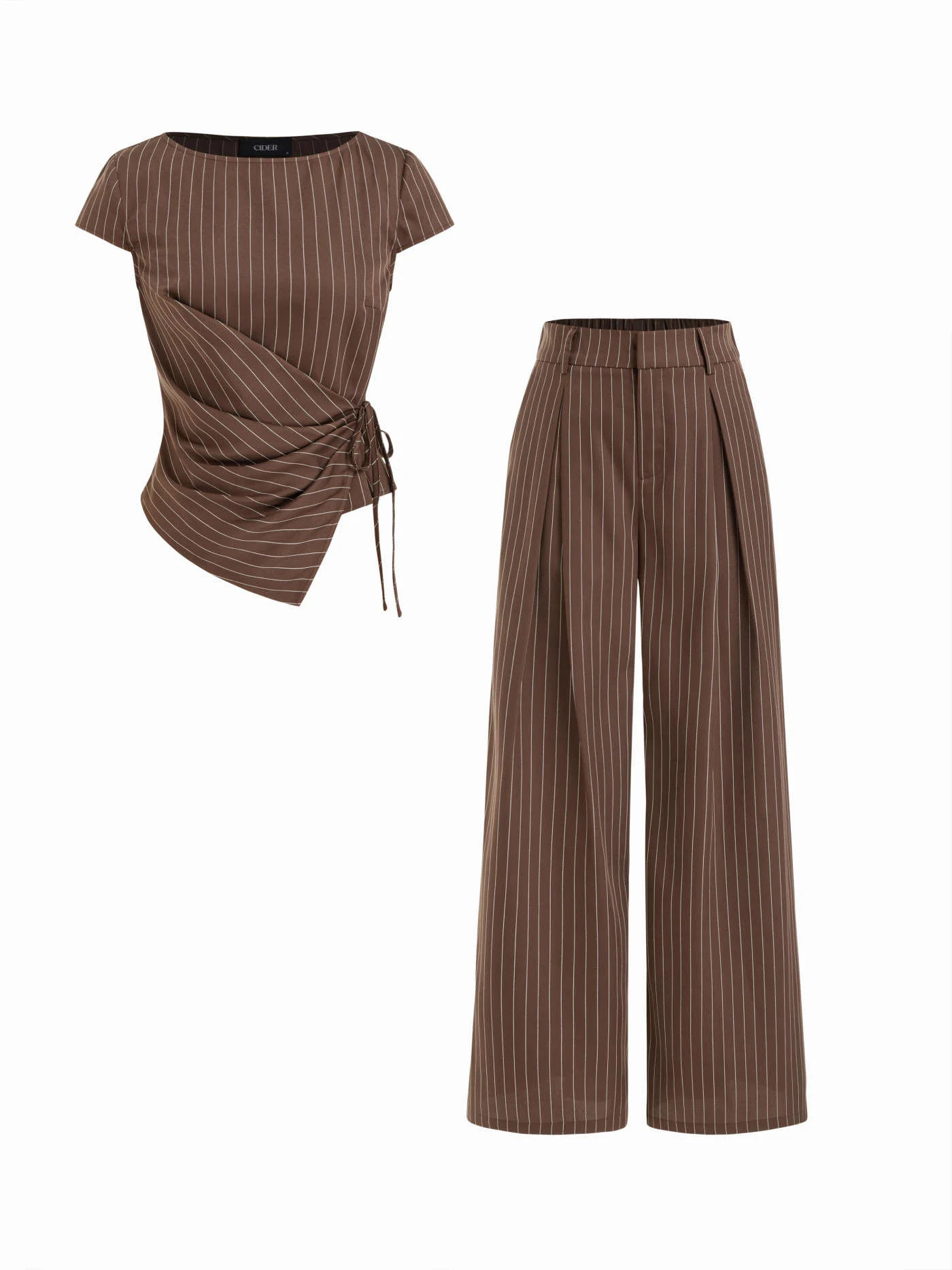 Striped Boat Neck Short Sleeve Wrap Knotted Top & Mid Rise Straight Leg Trousers Set | Cider