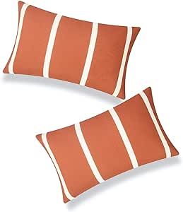 Patio Indoor Outdoor Lumbar Pillow Cover ONLY for Backyard, Couch, Sofa, Rust Orange Wide Striped... | Amazon (US)